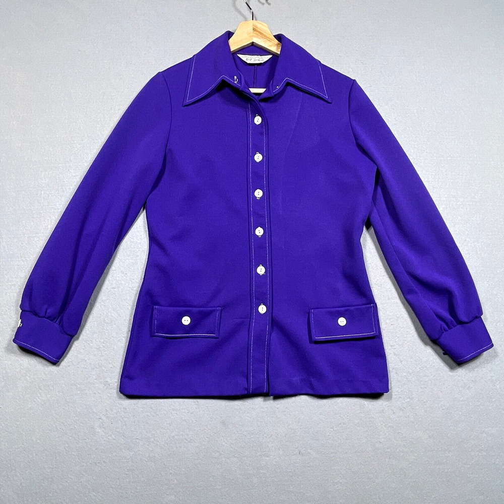 VTG NPC Fashions Blouse Women Purple Dagger Collar Button Up 60s 70s Mod MCM